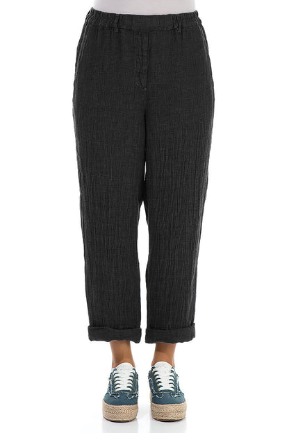 Roll Up Black Mélange Linen Trousers 1