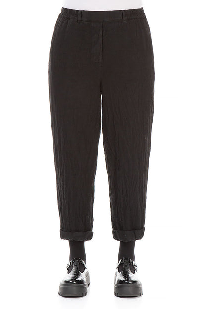 Schwarze, melierte Leinenhose zum Aufrollen