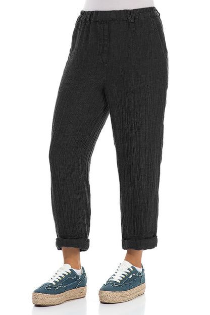 Roll Up Black Mélange Linen Trousers 3