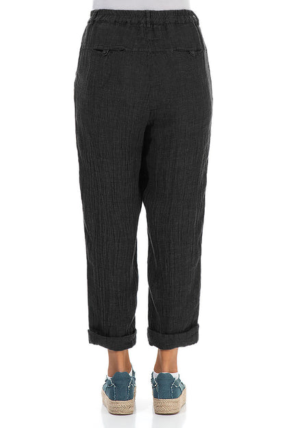 Roll Up Black Mélange Linen Trousers 2