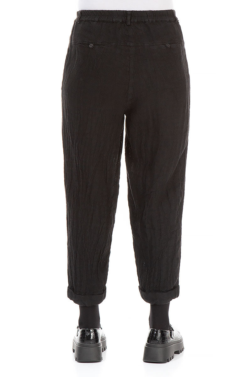 Schwarze, melierte Leinenhose zum Aufrollen