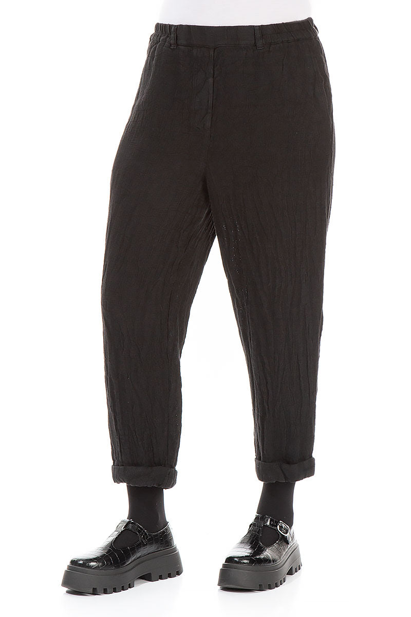 Roll Up Black Mélange Linen Trousers