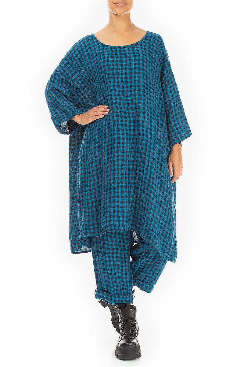 Roll Up Blue Check Linen Trousers