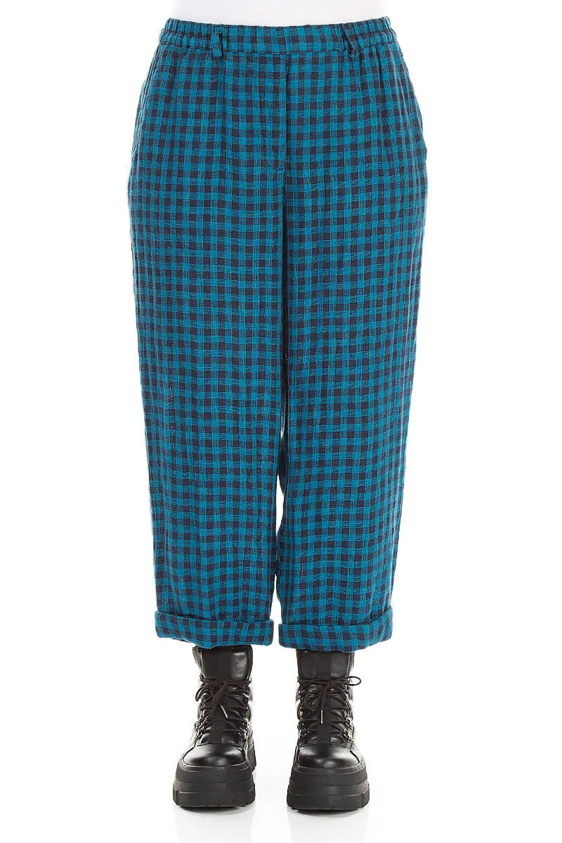 Roll Up Blue Check Linen Trousers