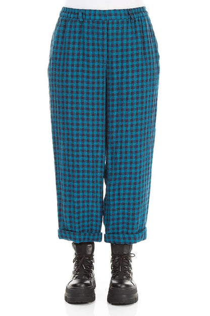 Roll Up Blue Check Linen Trousers
