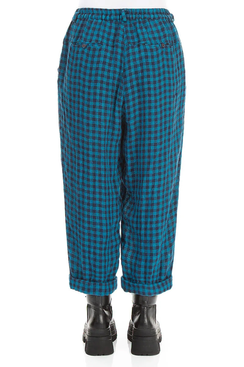 Roll Up Blue Check Linen Trousers