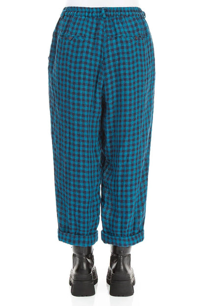 Roll Up Blue Check Linen Trousers