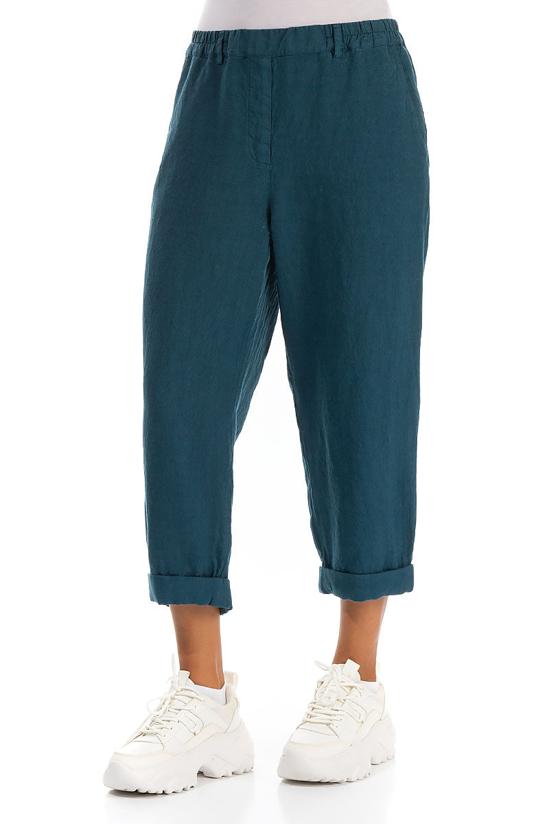 Roll Up Dark Teal Linen Trousers