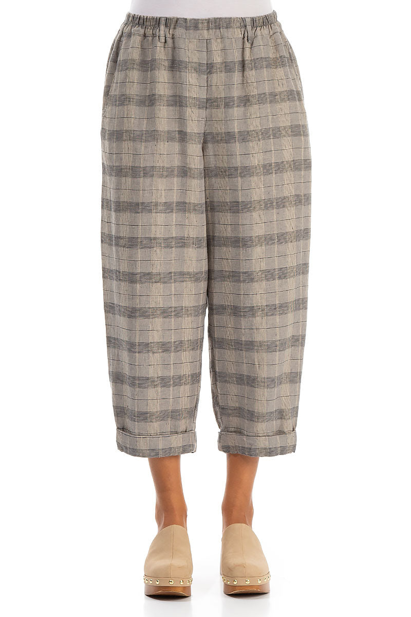 Roll Up Greige Check Linen Trousers