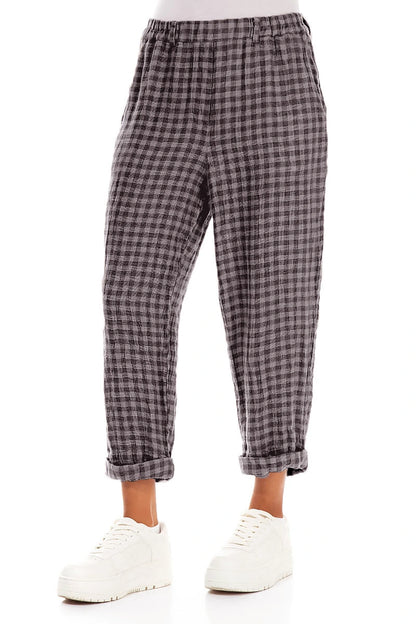 Roll Up Lilac Grey Check Linen Trousers 3