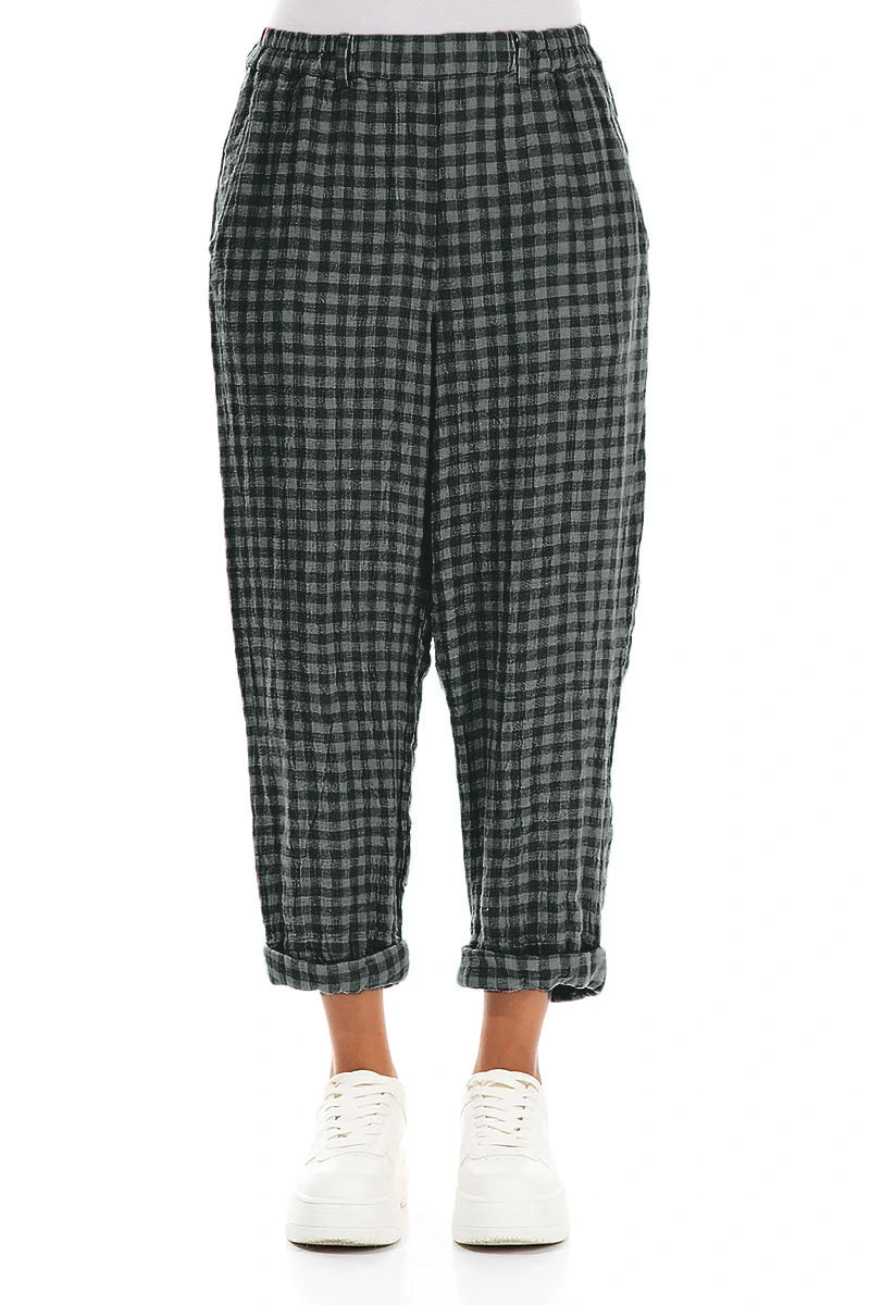 Hochkrempelbare Leinenhose mit Salbei-Karo