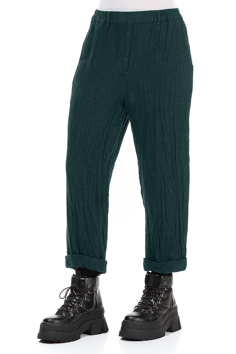 Roll Up Peacock Mélange Linen Trousers 3