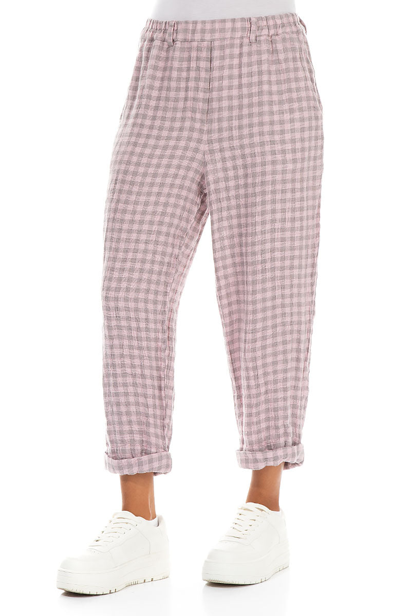 Roll Up Pink Check Linen Trousers 3