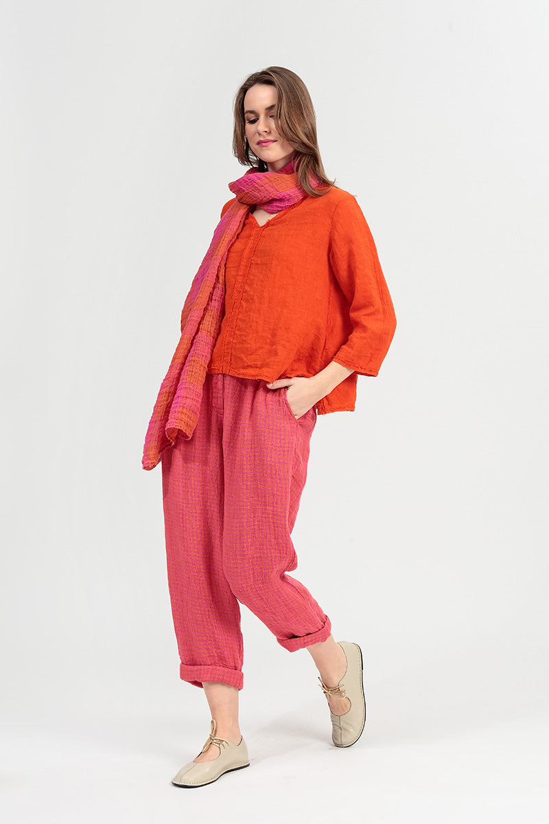 Hosen aus Leinen-Mischgewebe in Rosa-Orange-Karos zum Umschlagen