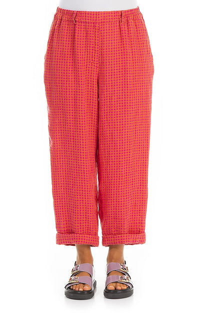Hosen aus Leinen-Mischgewebe in Rosa-Orange-Karos zum Umschlagen