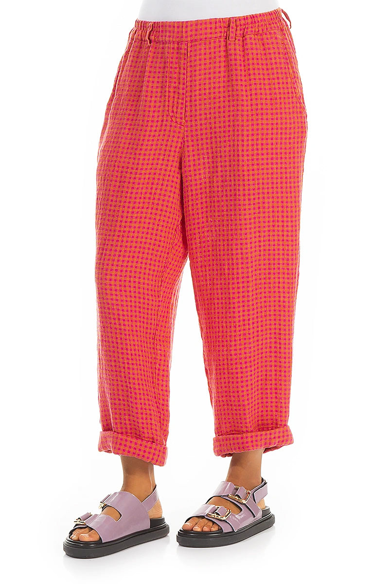 Hosen aus Leinen-Mischgewebe in Rosa-Orange-Karos zum Umschlagen