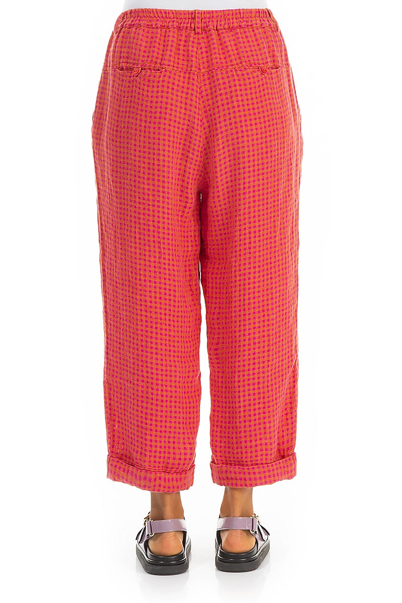 Hosen aus Leinen-Mischgewebe in Rosa-Orange-Karos zum Umschlagen