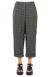 Roll Up Sage Heritage Check Linen Trousers 1