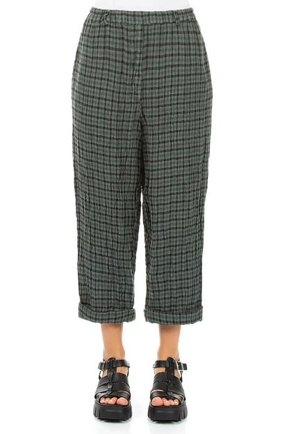 Roll Up Sage Heritage Check Linen Trousers 1