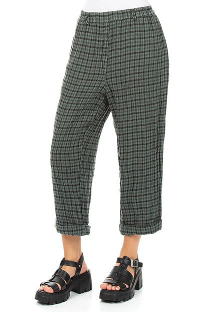 Roll Up Sage Heritage Check Linen Trousers 3