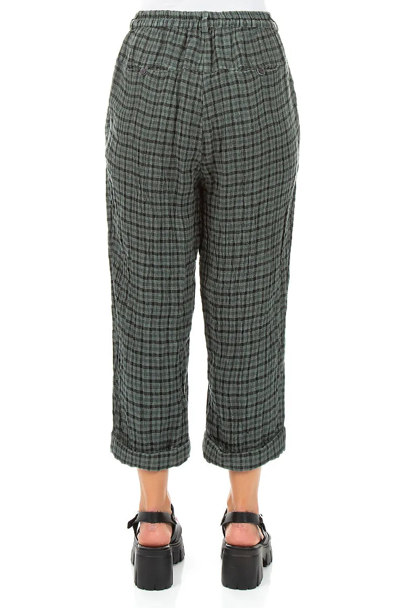 Roll Up Sage Heritage Check Linen Trousers 2