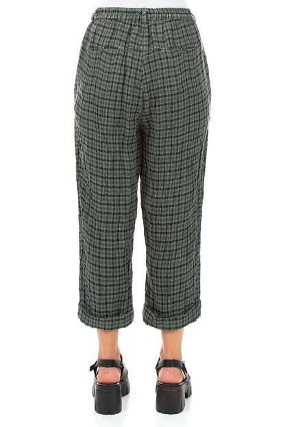 Roll Up Sage Heritage Check Linen Trousers 2