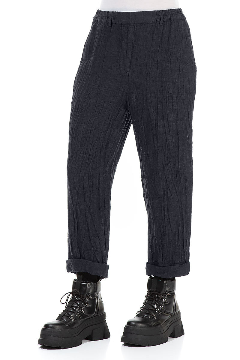 Roll Up Slate Blue Mélange Linen Trousers 3