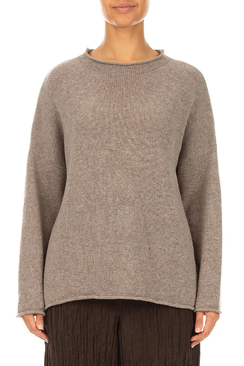 Rolled Edge Beige Cashmere Sweater