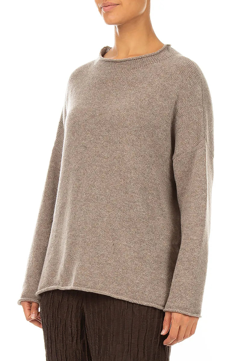 Rolled Edge Beige Cashmere Sweater