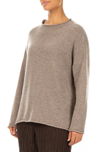 Rolled Edge Beige Cashmere Sweater