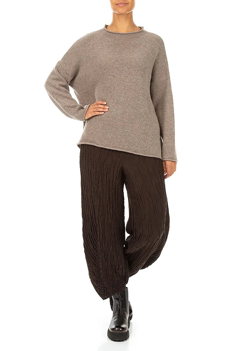 Rolled Edge Beige Cashmere Sweater