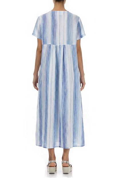 Romantisches blaues Leinenkleid mit Waschstreifen