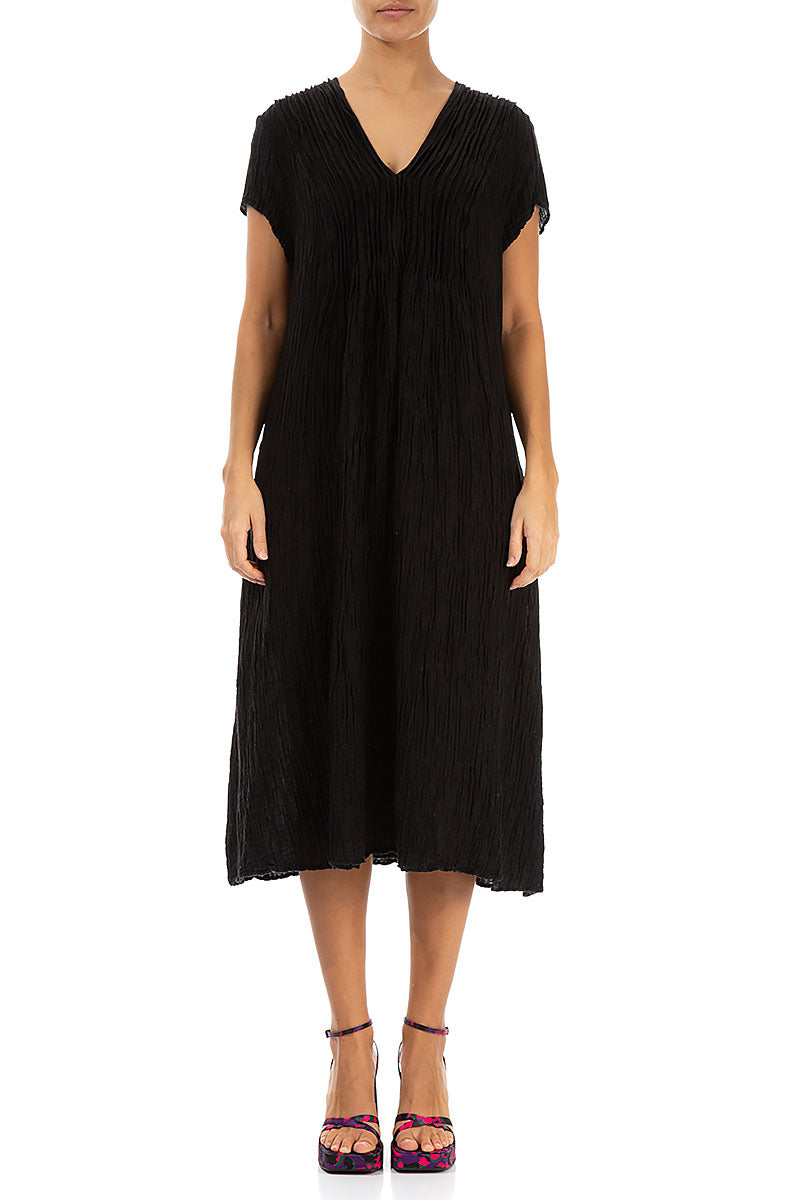 Romantic Crinkled Black Silk Midi Dress