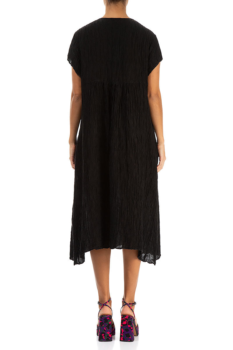 Romantic Crinkled Black Silk Midi Dress