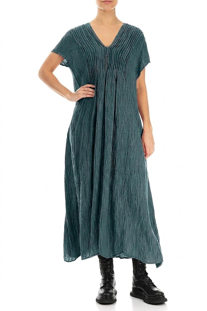 Romantic Crinkled Deep Turquoise Silk Dress 4
