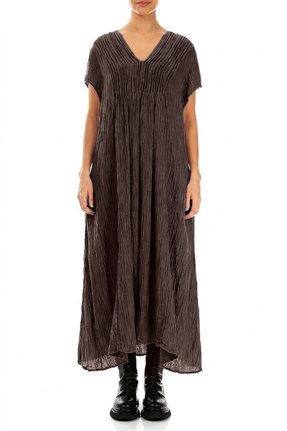 Romantic Crinkled Truffle Brown Silk Dress 1