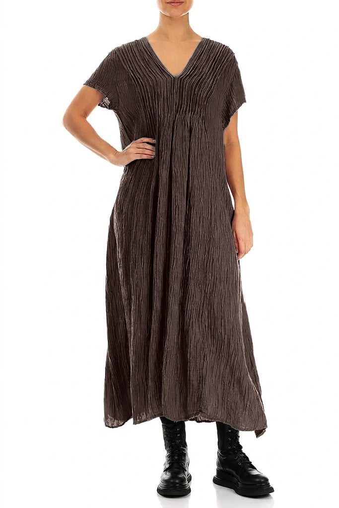 Romantic Crinkled Truffle Brown Silk Dress 4
