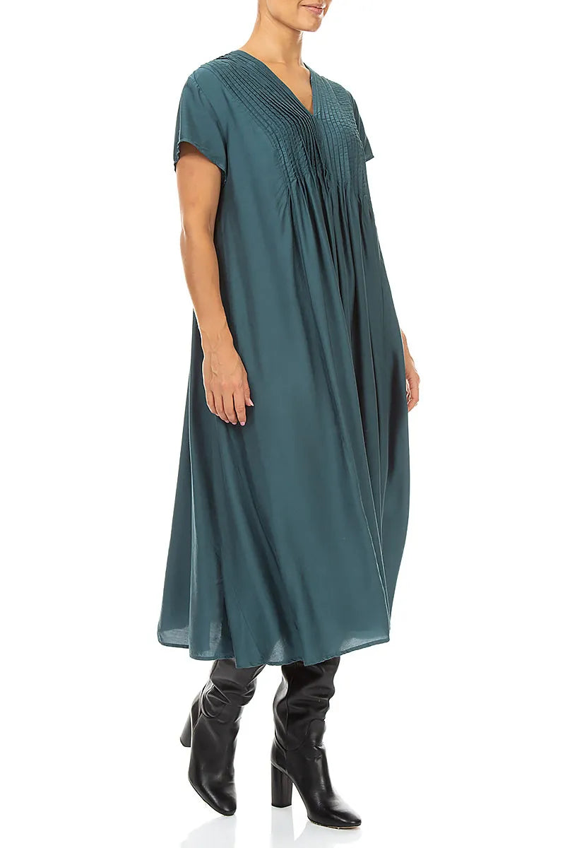 Romantic Deep Turquoise Silk Bamboo Midi Dress 3