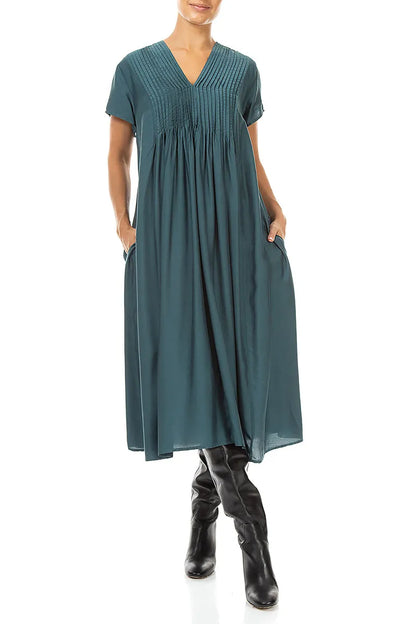 Romantic Deep Turquoise Silk Bamboo Midi Dress 4