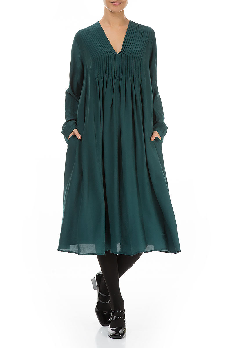 Romantic Emerald Silk Bamboo Midi Dress