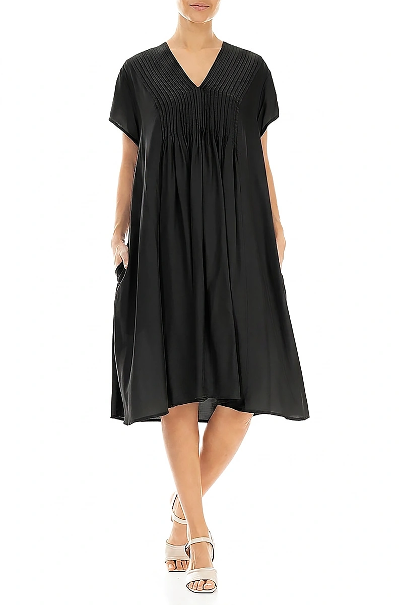 Robe Romantique Noire en Soie de Bambou à Plis Décoratifs sur le Devant