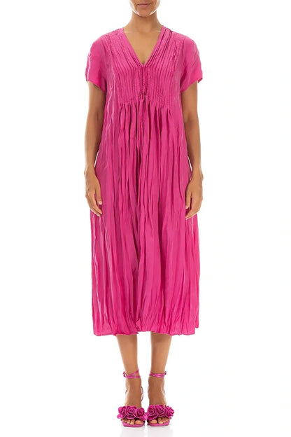 Romantic Fuchsia Crumpled Pure Silk Dress 1