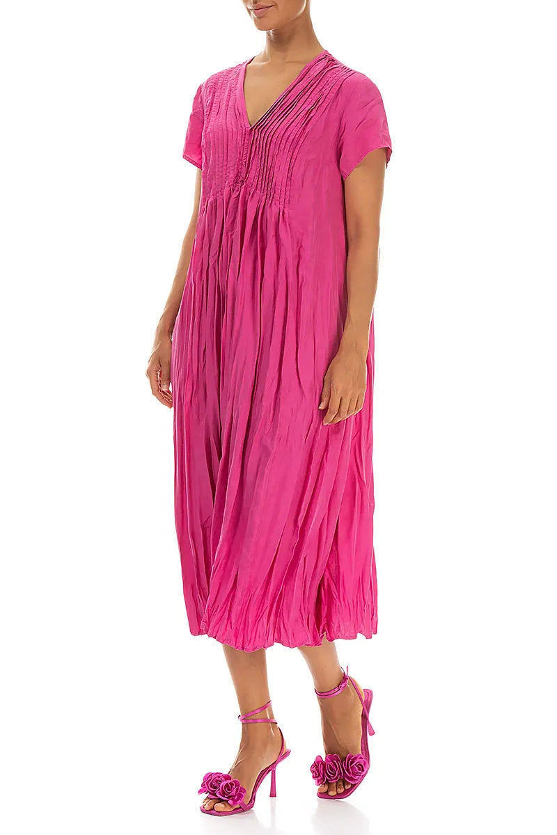 Romantic Fuchsia Crumpled Pure Silk Dress 4