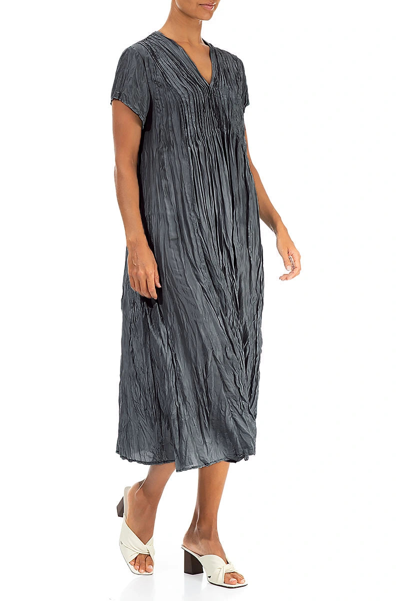 Romantic Graphite Crumpled Pure Silk Dress
