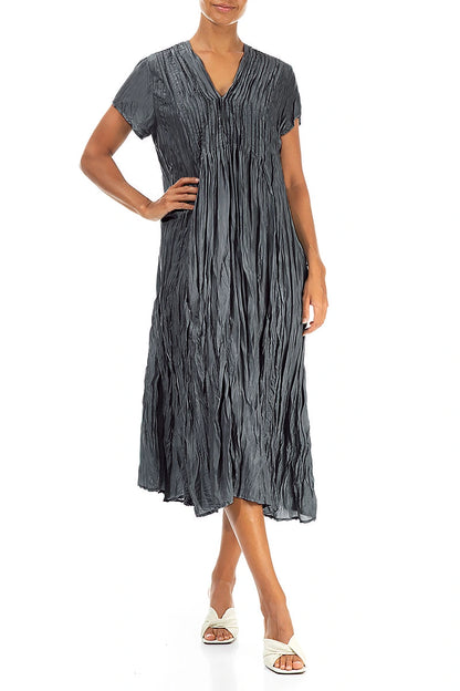 Romantic Graphite Crumpled Pure Silk Dress