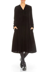 Romantic Long Sleeve V-Neck Black Silk Velvet Dress 4