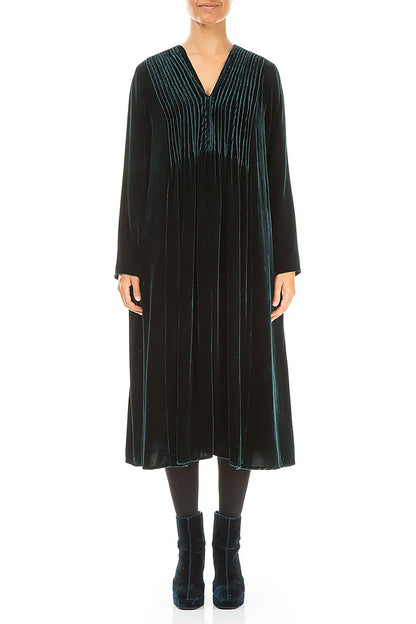 Romantic Long Sleeve V-Neck Peacock Silk Velvet Dress 1