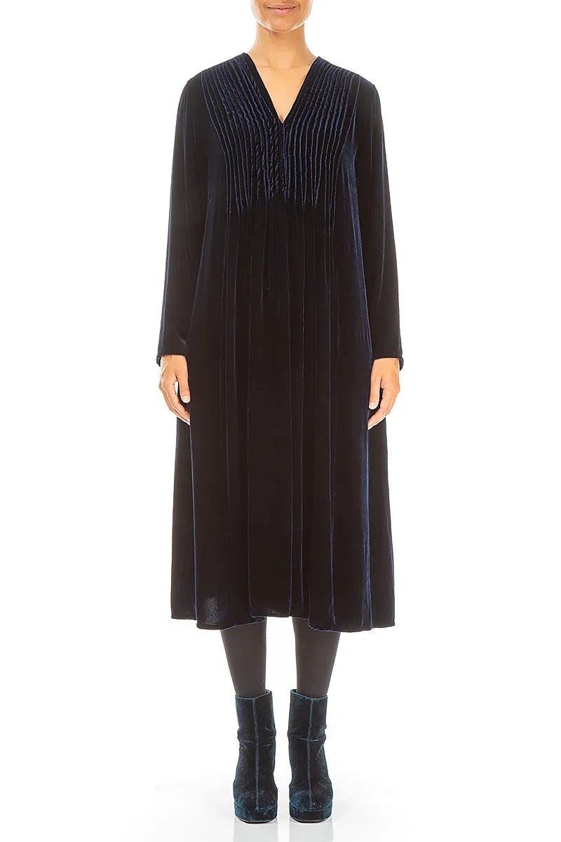 Romantic Long Sleeve V-Neck Royal Blue Silk Velvet Dress 1