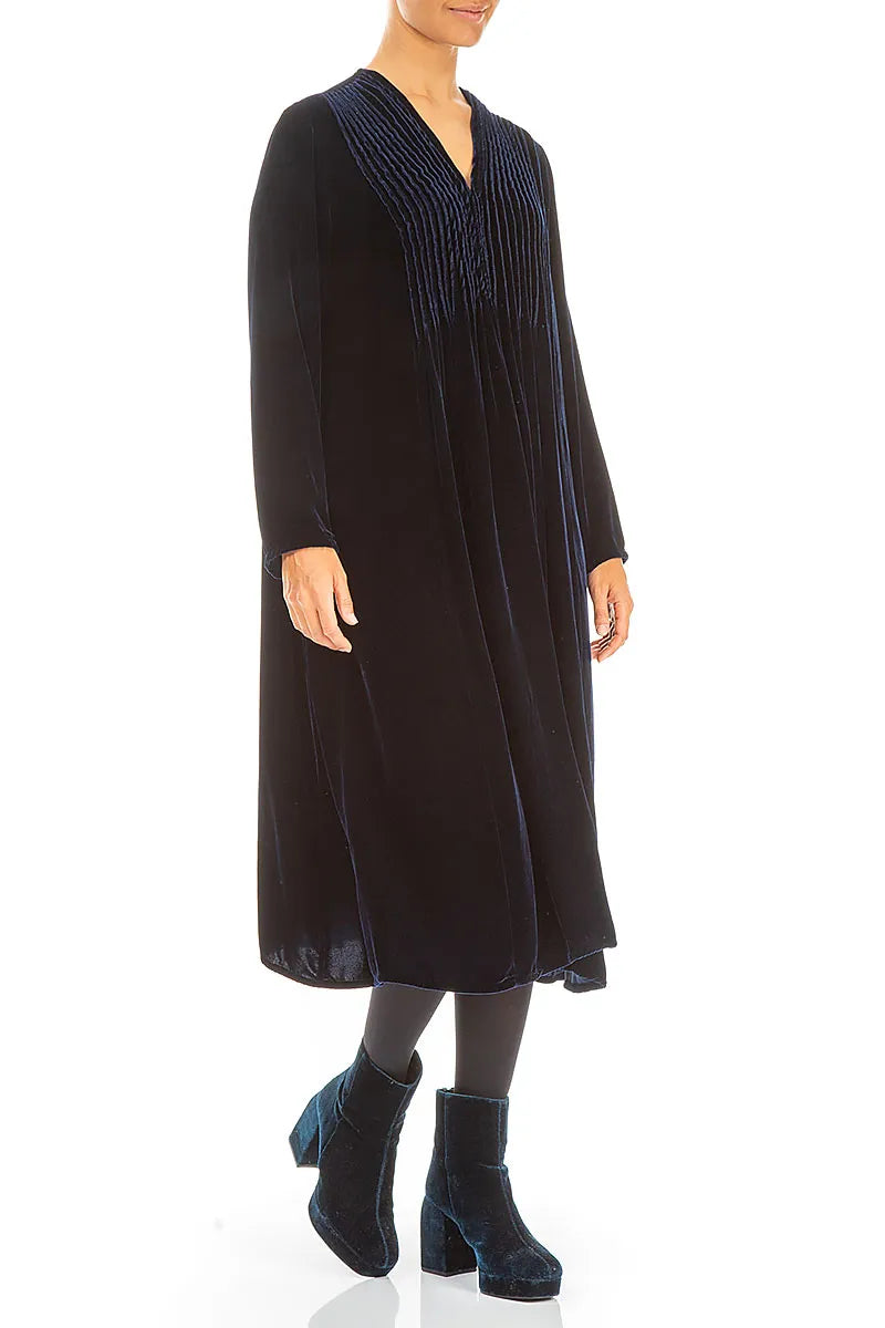 Romantic Long Sleeve V-Neck Royal Blue Silk Velvet Dress 3