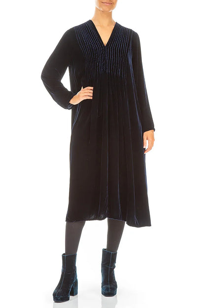 Romantic Long Sleeve V-Neck Royal Blue Silk Velvet Dress 4